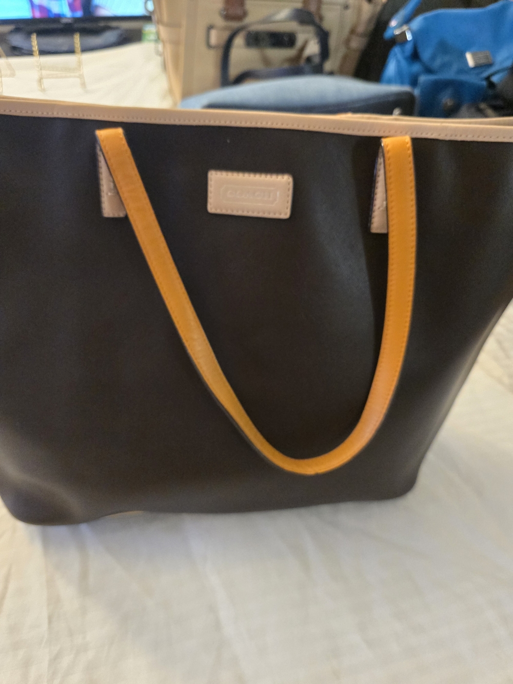 Coach Black Tote with Tan Trim and Yellow Handles